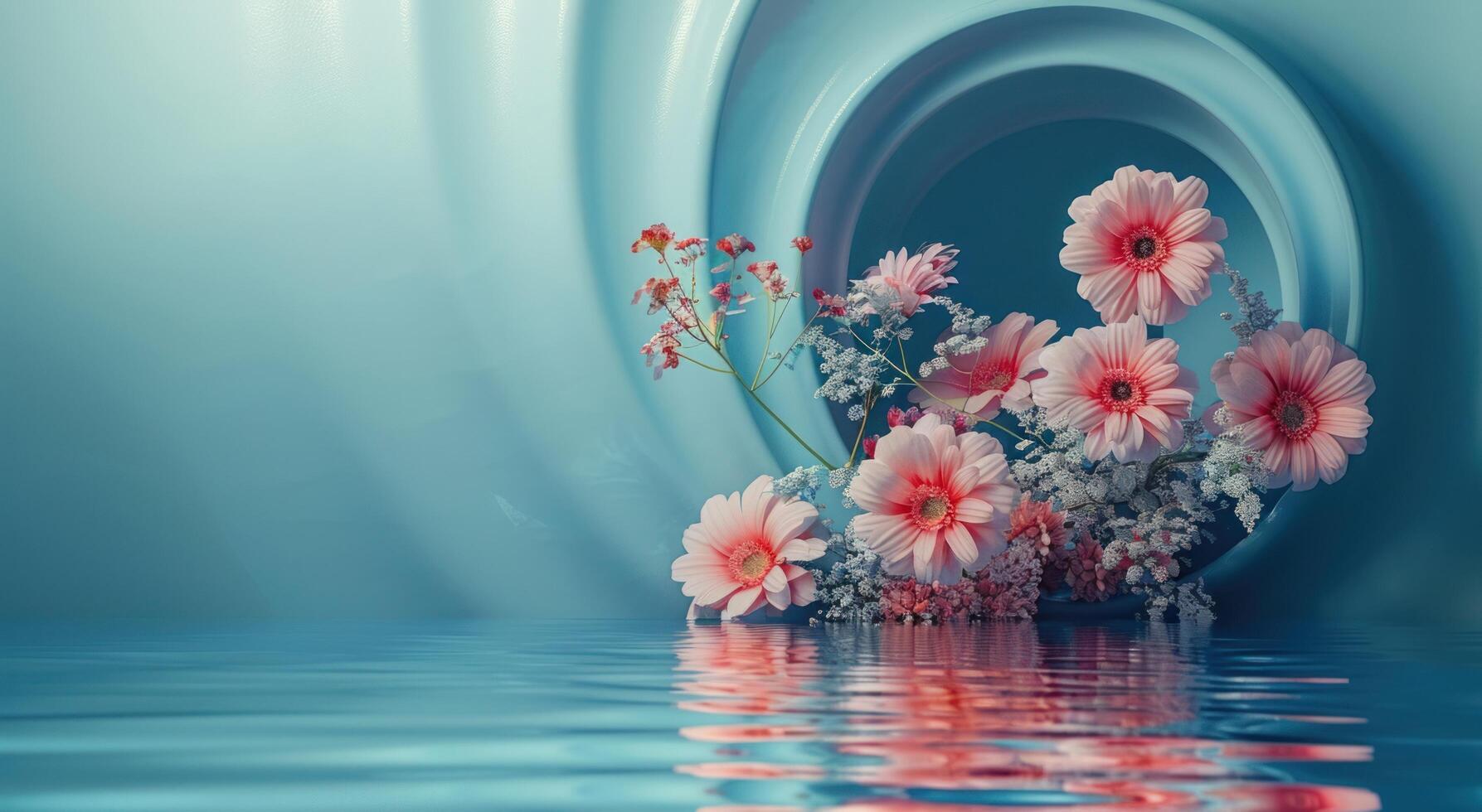 AI generated an empty blue hole with a bouquet of flowers photo