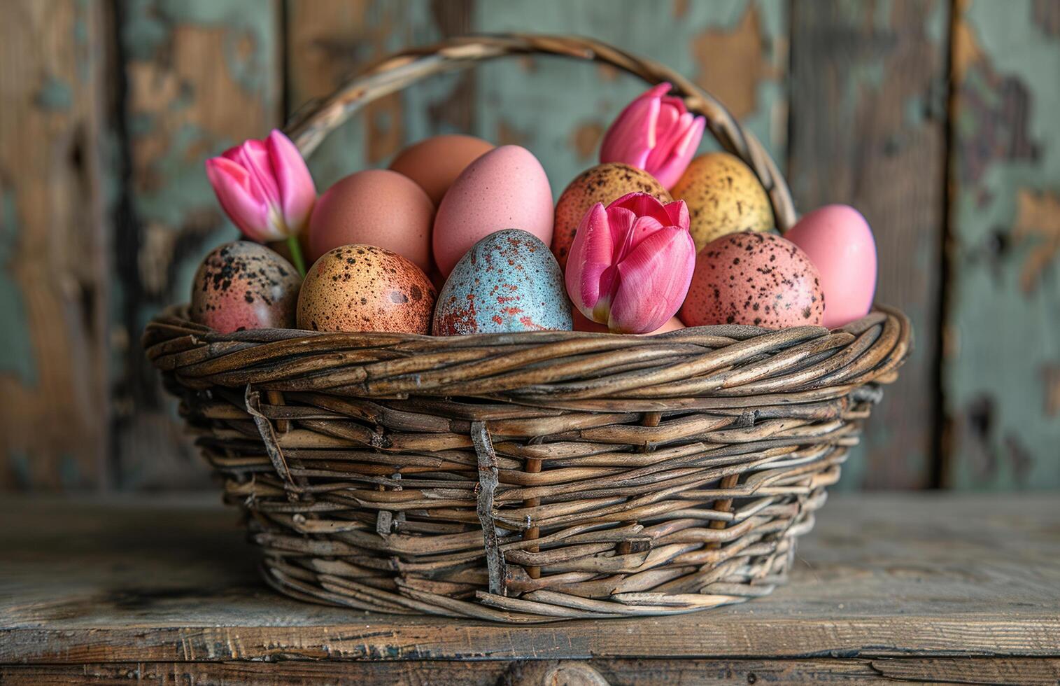 AI generated an easter basket filled with colored eggs and pink tulips photo