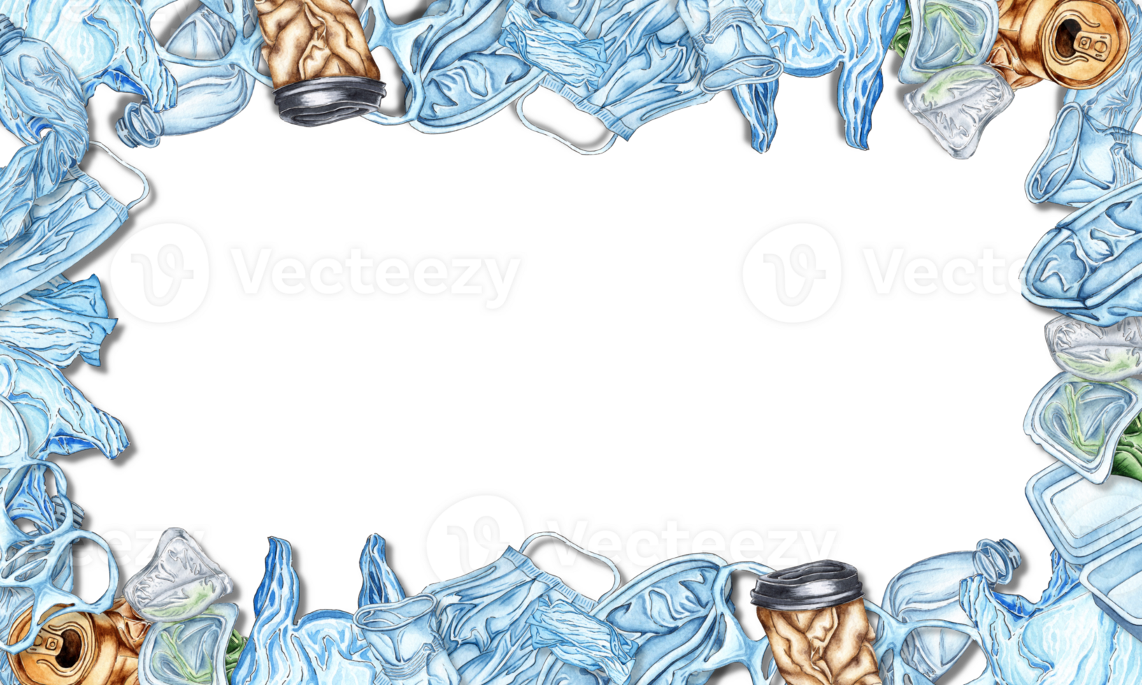 vattenfärg illustration av rektangulär ram av plast skräp. isolerat. polyeten avfall gräns för ekologi affischer, miljö- skydd, spara de hav, jord dag affischer, webb, banderoller png
