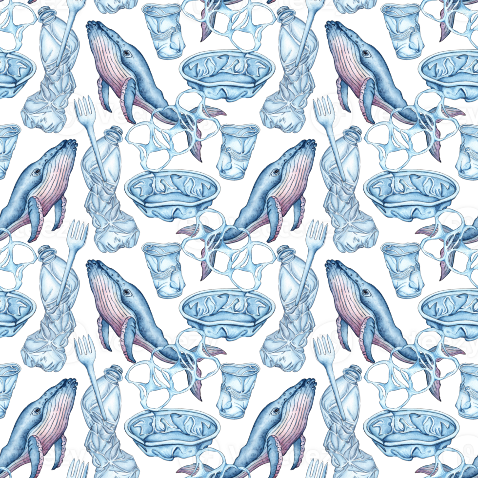 Watercolor illustration pattern of whale and plastic garbage, ocean pollution with plastic waste. Plastic products are recyclable. Isolated. Ecological problem. Plastic bottles png