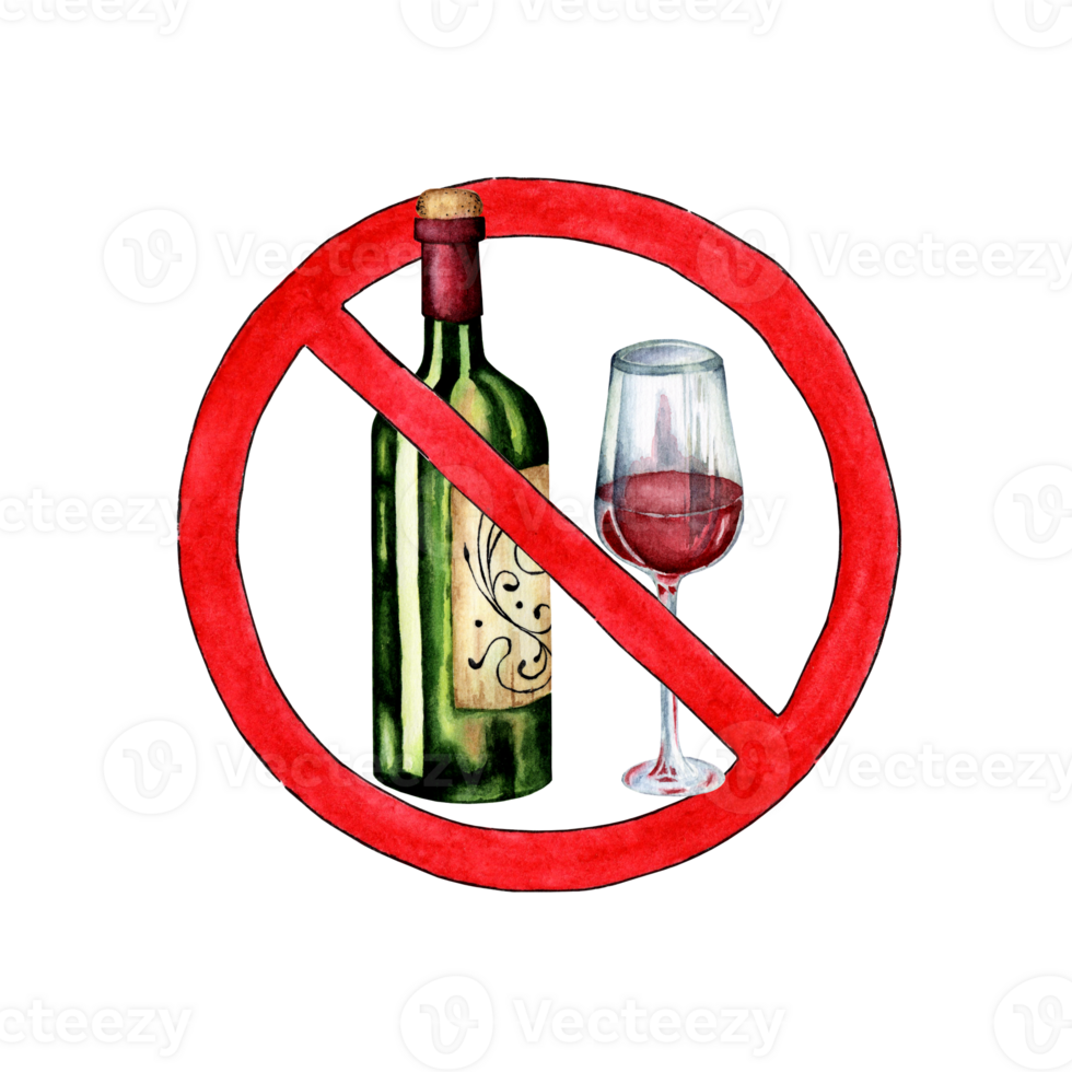 Watercolor illustration of a bottle and glass in a crossed out red circle. Prohibition of alcohol consumption. Isolated. Composition for design, banner, web, poster. png