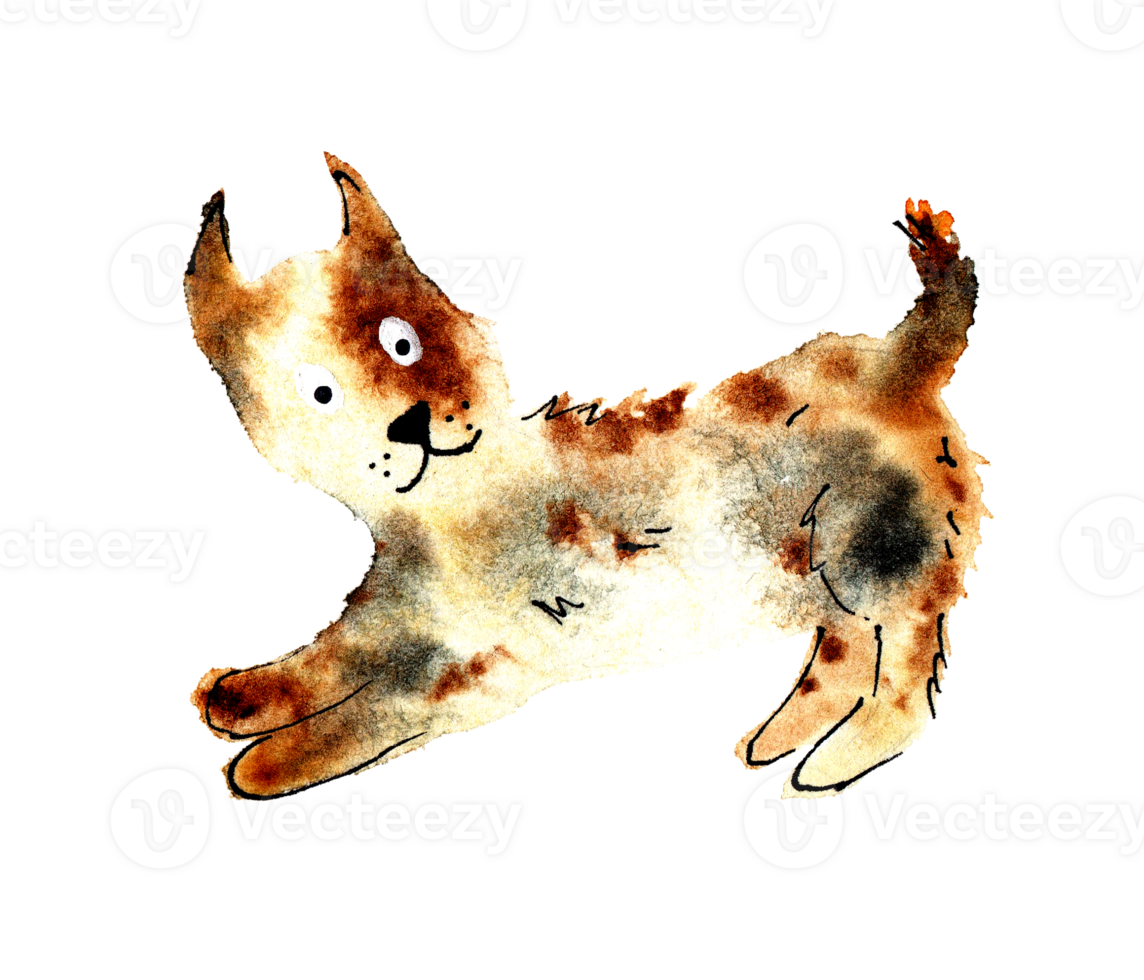 Watercolor illustration of a dog made of beige-brown-black paint spots. A blot of randomly spreading water texture. Funny dog. Isolated. Drawn by hand. png