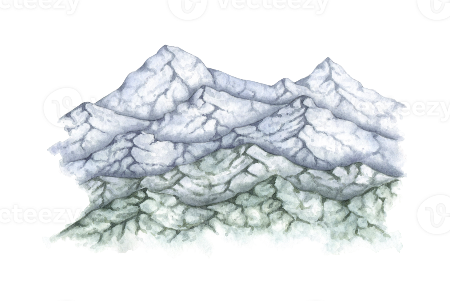 Watercolor illustration of a high landscape of a rocky mountain snowy ridge. Natural element of Rocky Mountains isolated. A natural element for designing gardens, landscapes, parks, forests. png