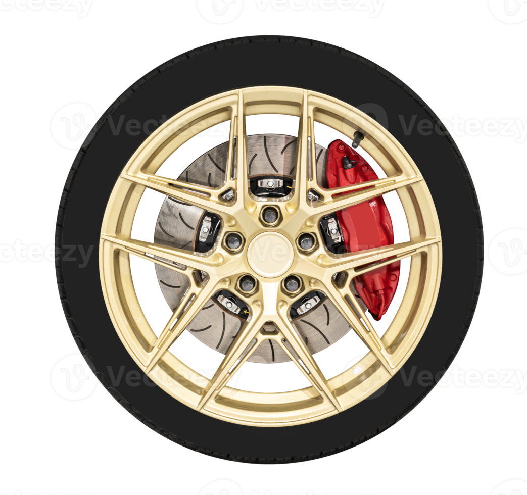 Golden shiny car wheel with brake caliper brake disc and tire png