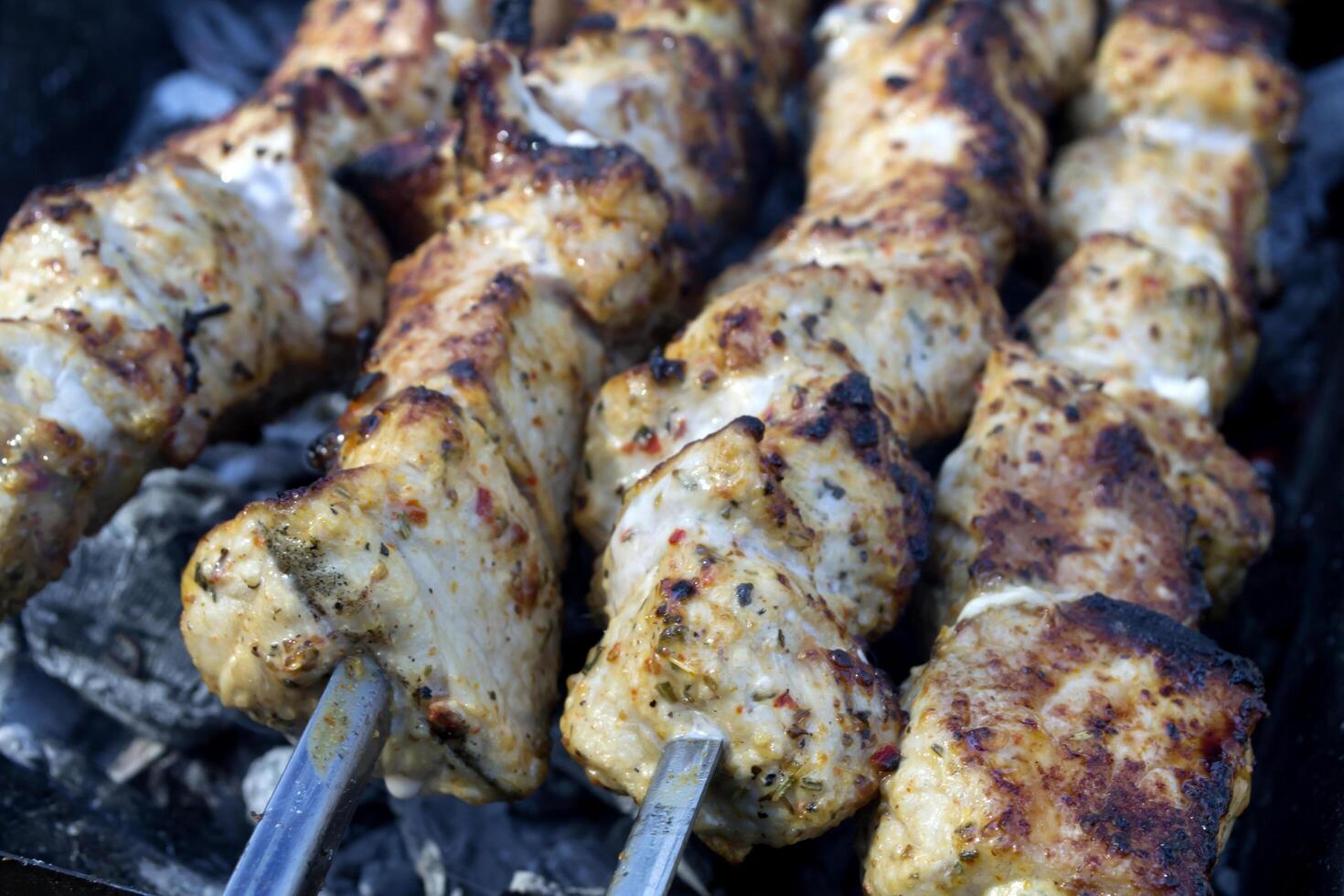 Meat in spices cooking on a fire outdoor. Barbecue background. photo