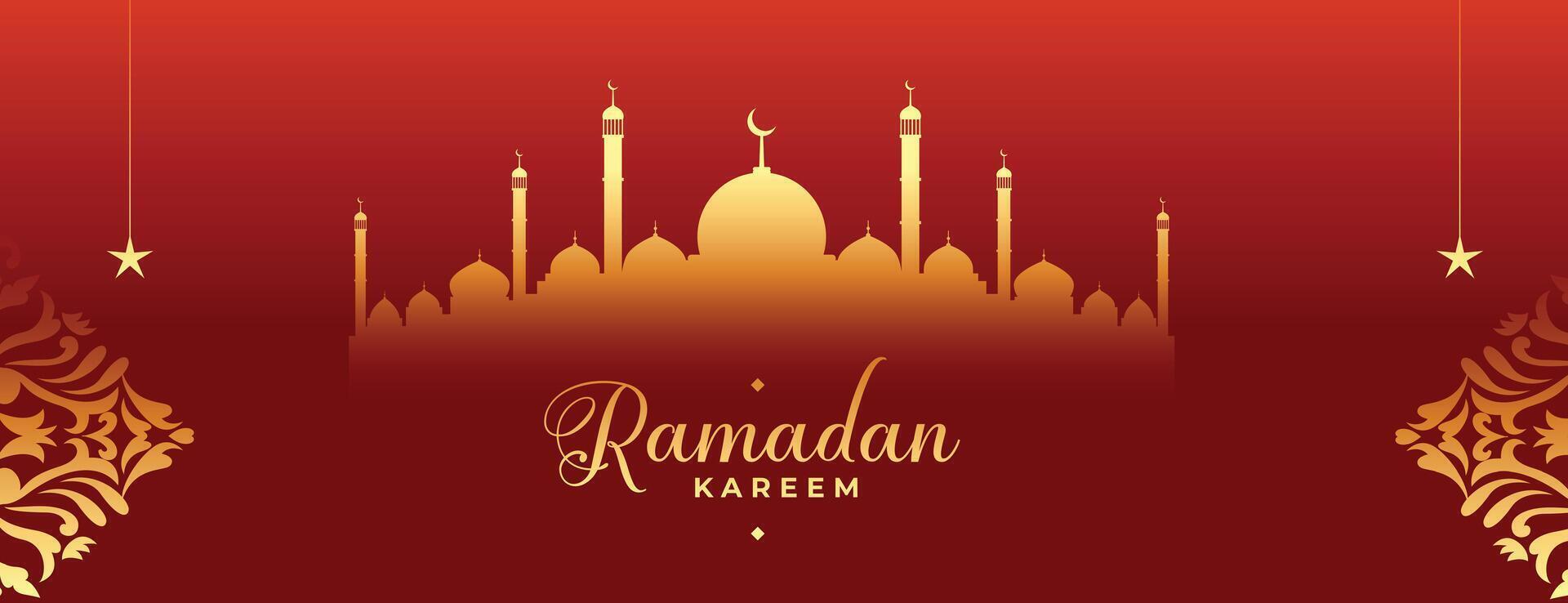 ramadan kareem ornamental red banner with mosque vector