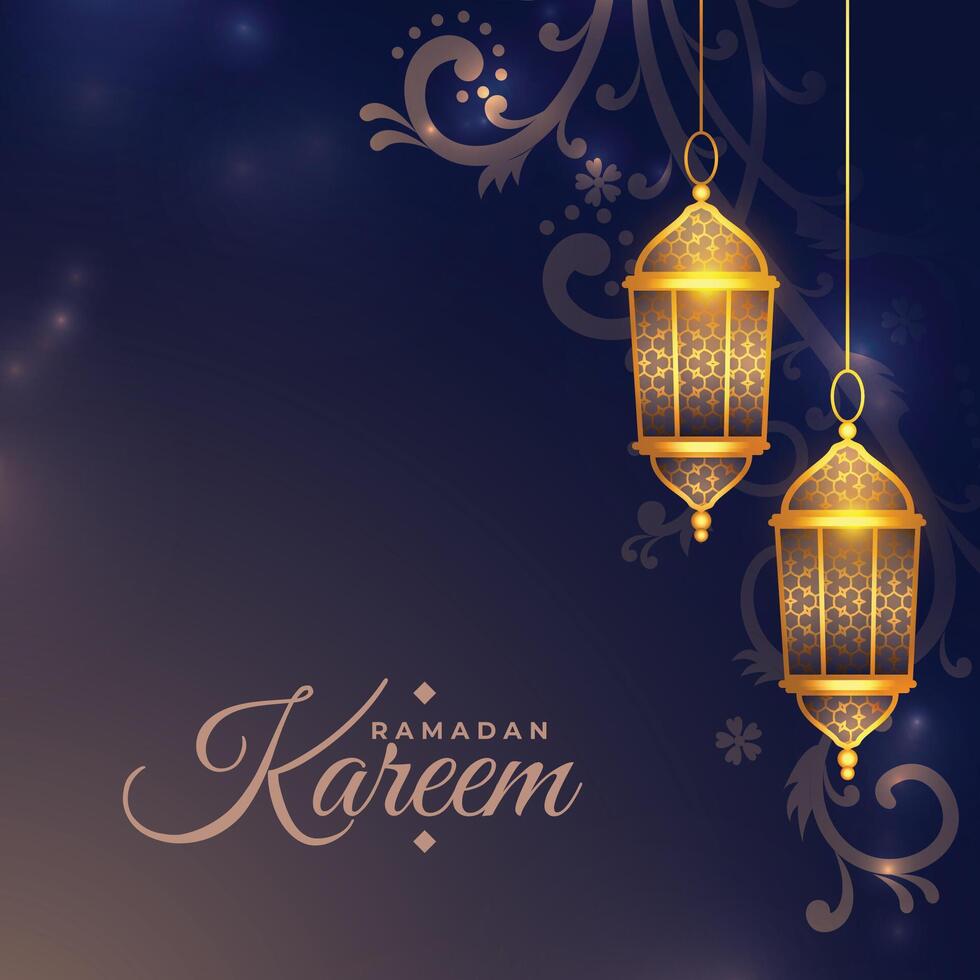 decorative ramadan kareem arabic lantern and floral card design vector