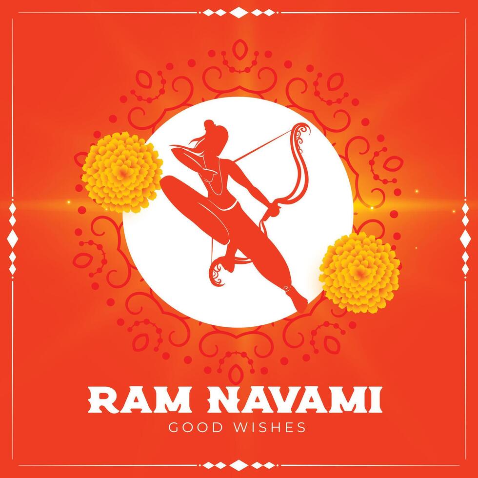 RAM navami saludo deseos con señor rama figura y flores vector