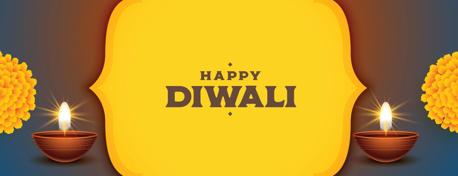 happy diwali holiday banner with shiny diya and floral design vector