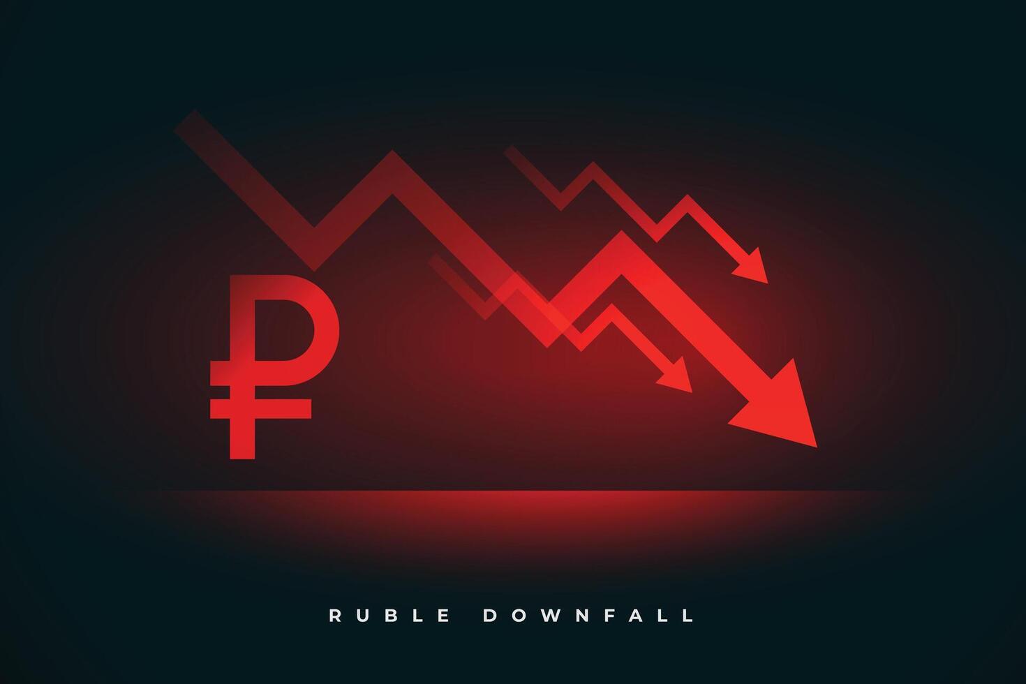ruble collapse of russian currency with downfall arrow in red vector