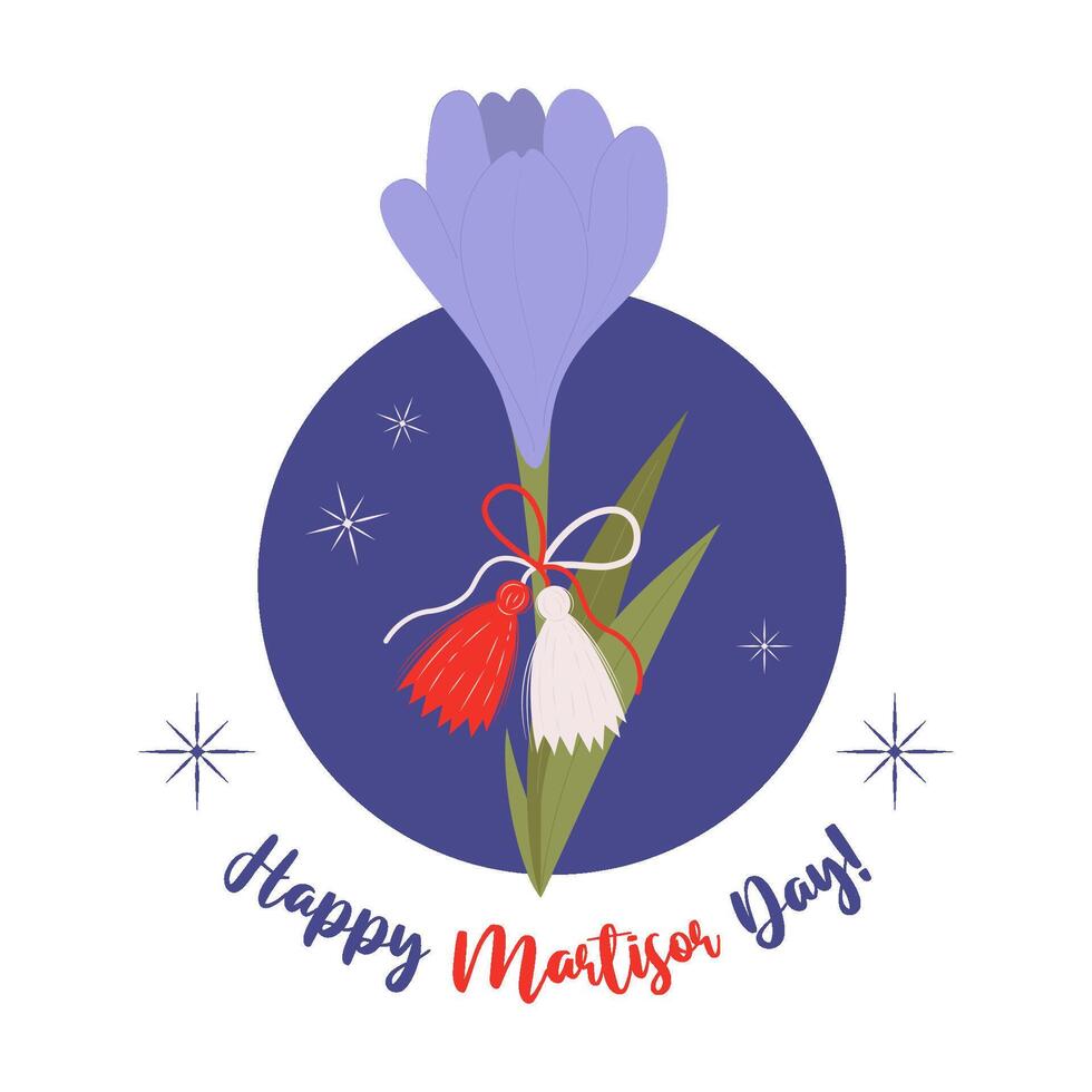 Martisor holiday. Red and white accessory talisman Martenitsa with spring flower saffron. Symbol for spring beginning. 1 March. Vector illustration postcard in flat style.