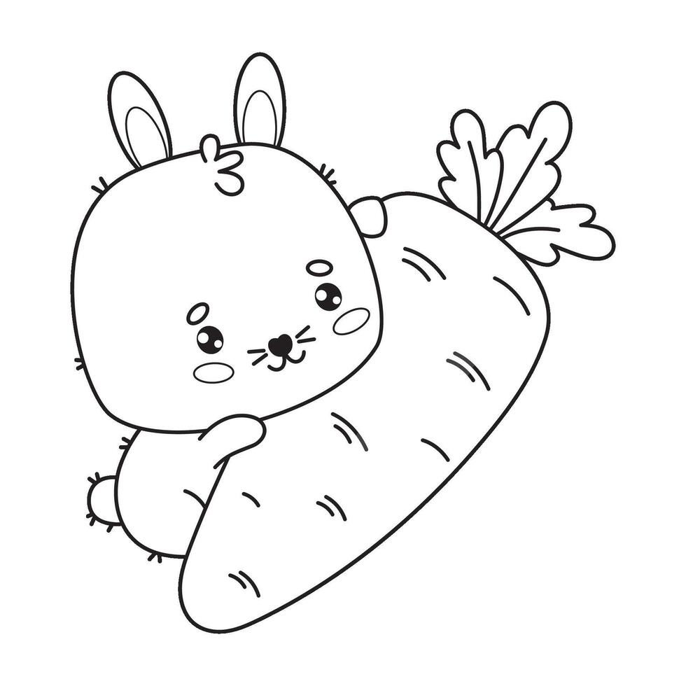 Cute rabbit with big carrot. Funny outline kawaii animal character. Vector illustration. Line drawing, coloring book. Kids collection