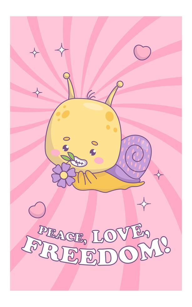 Funny groovy snail character. Comic kawaii insect with flower in trendy retro style. vector illustration. Cool vertical bright pink poster with slogan in 70s style .