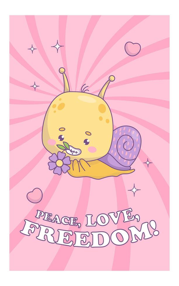 gracioso maravilloso caracol personaje. cómic kawaii insecto con flor en de moda retro estilo. vector ilustración. frio vertical brillante rosado póster con eslogan en 70s estilo .