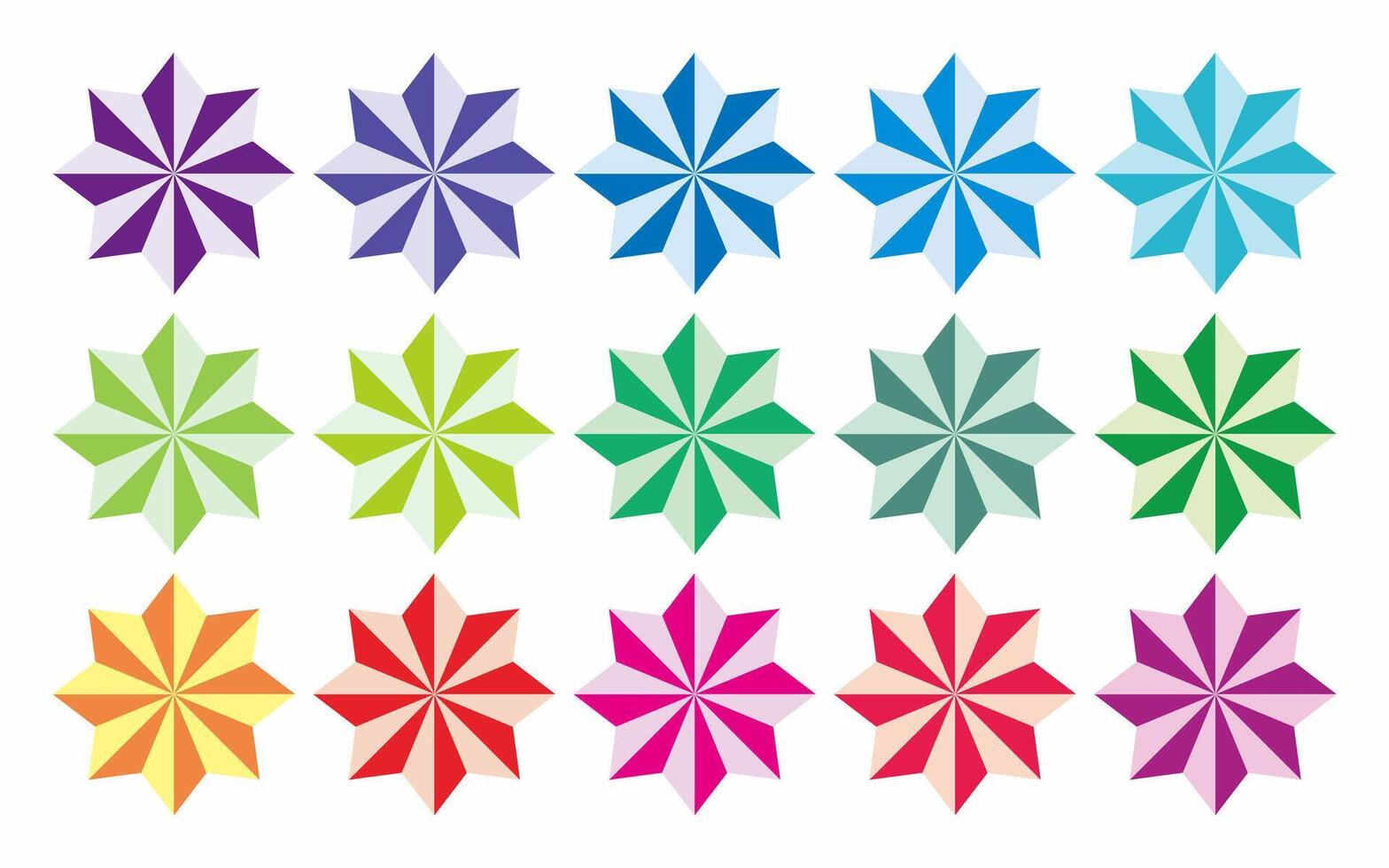 Set of colorful stars vector icon on white background. Multicolor eight-pointed stars collection.