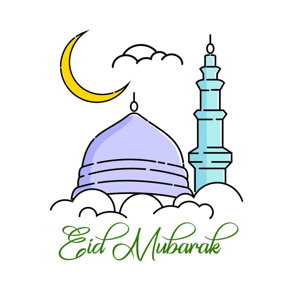 Eid mubarak mosque and minaret vector illustration. Simple and minimalist Islamic greeting vector design.