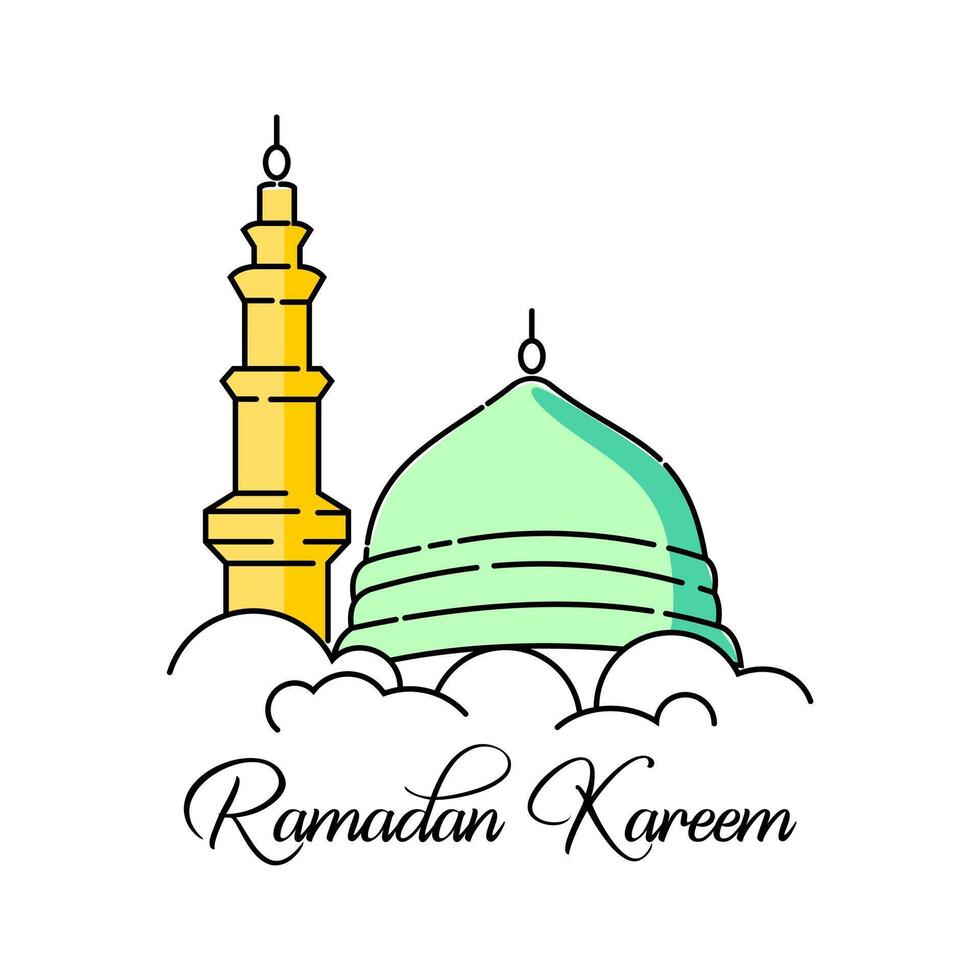 Ramadán kareem mezquita y alminar vector ilustración. sencillo y minimalista islámico saludo vector diseño.