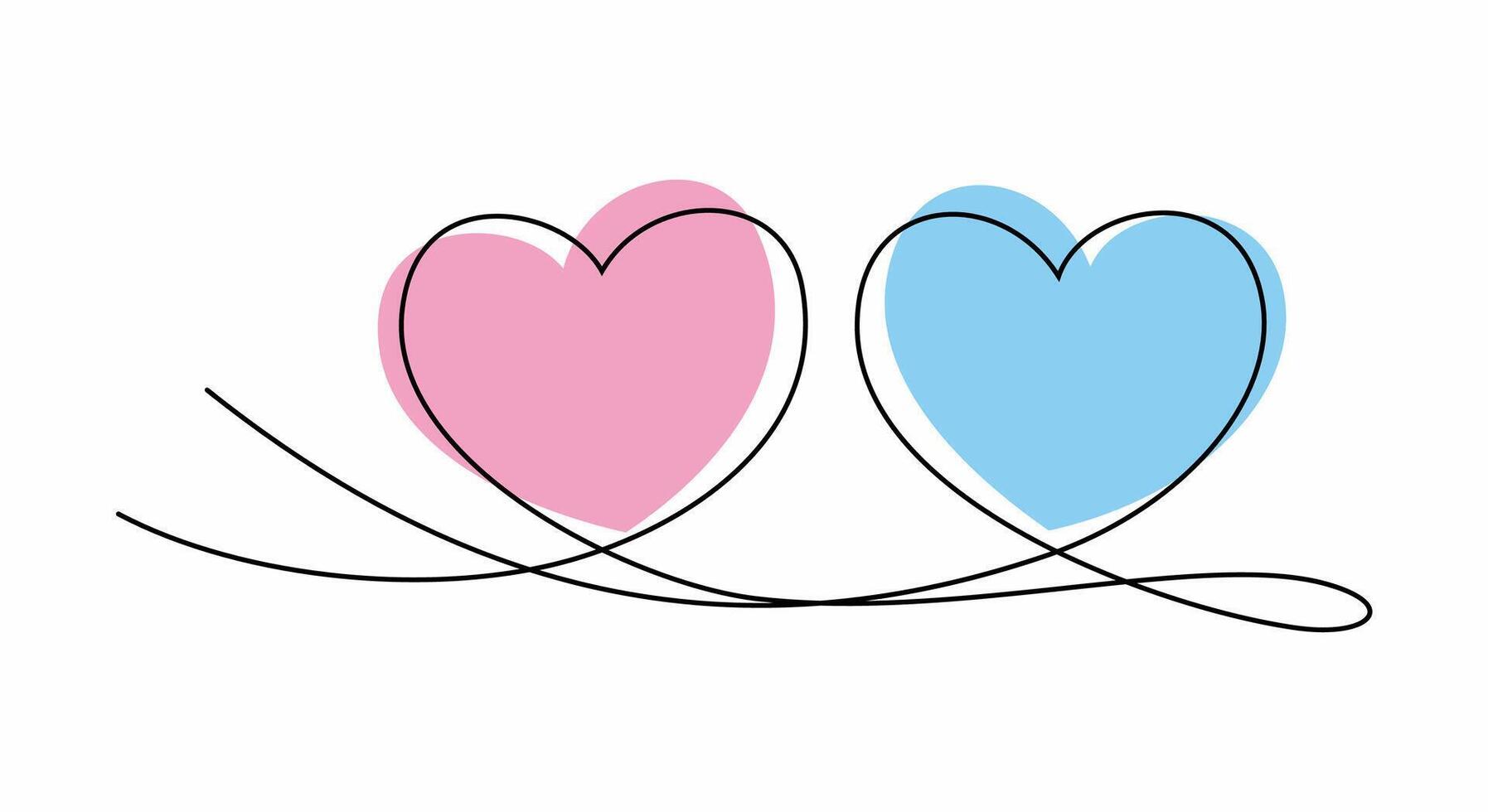 Artistic one continuous line makes two hearts shape with watercolor spot. Two linked heart. Two Love symbol. vector