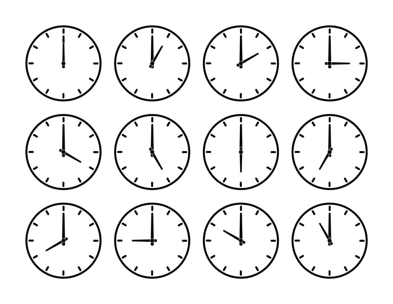 Set of round clocks showing various time. Simple and minimalist vector illustration. The clock shows different time in a day.