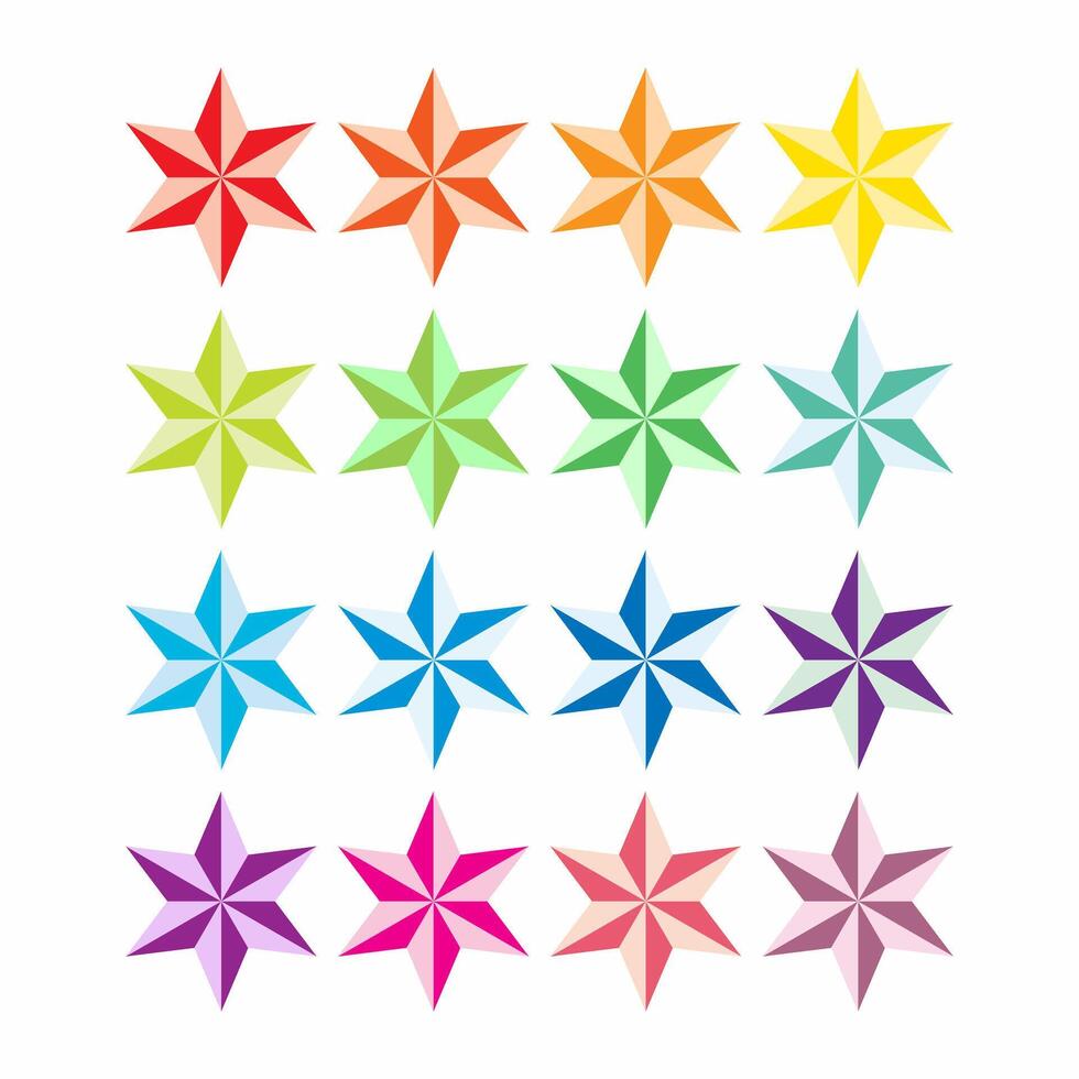 Set of colorful stars on white background. Multicolor six-pointed stars collection. vector