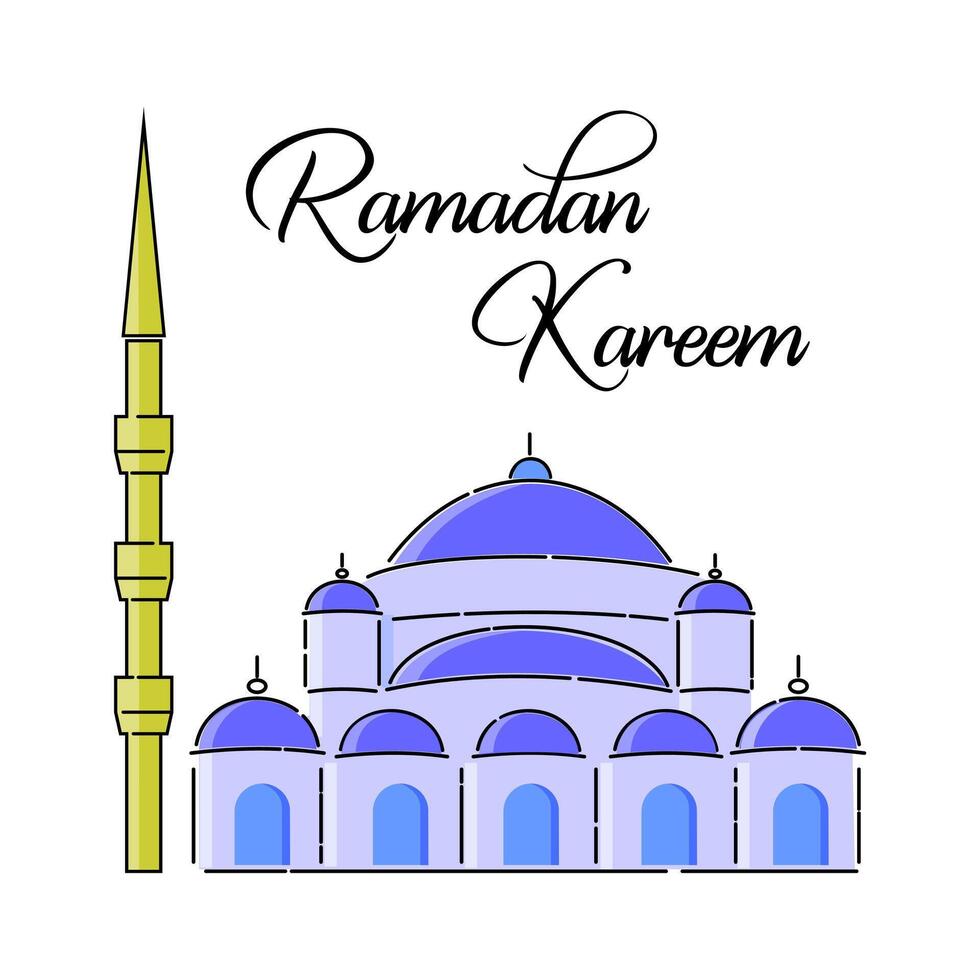 Blue mosque and minaret vector illustration with text Ramadan Kareem. Simple and minimalist Islamic greeting vector design.
