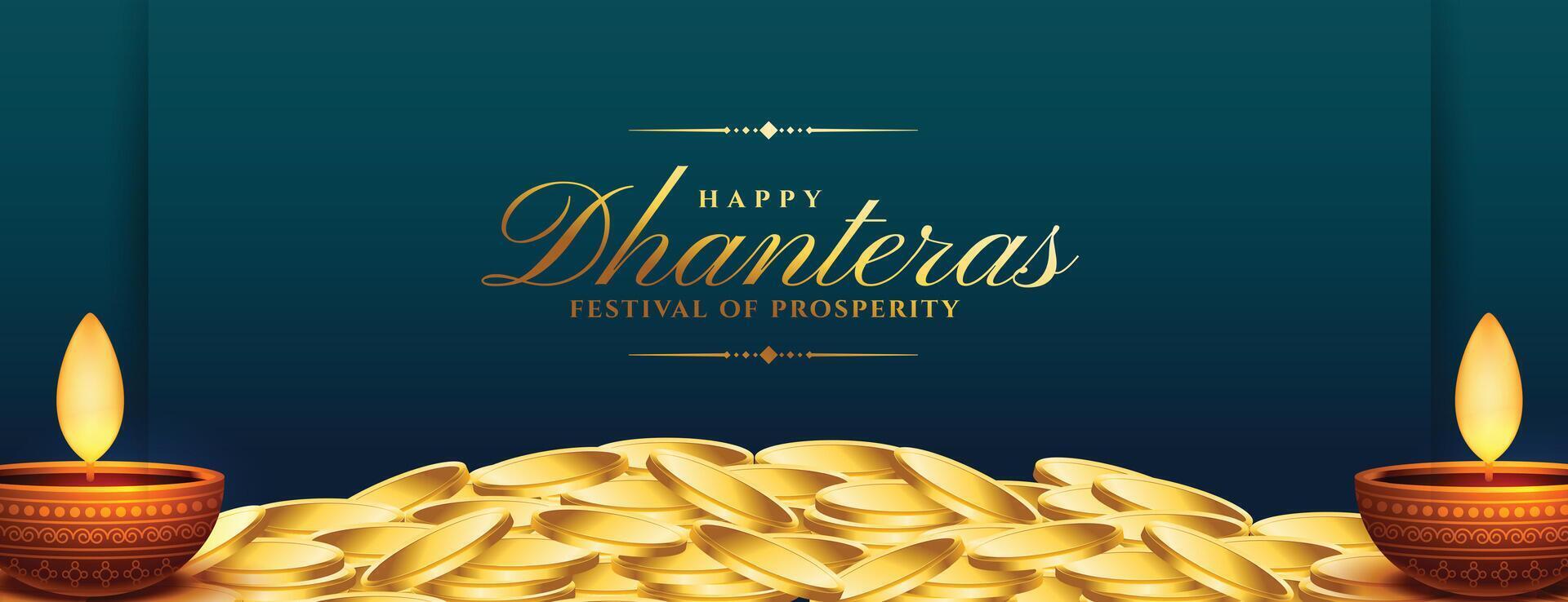 elegant indian festival happy dhanteras religious banner with golden coin and oil lamp vector
