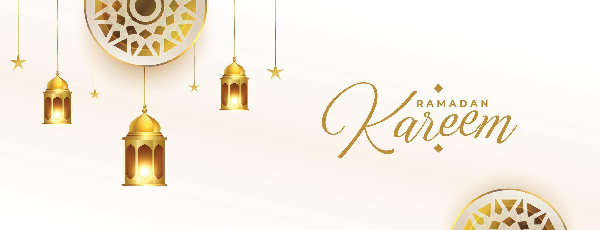 peaceful ramadan wishes banner with golden lanterns and islamic decoration vector