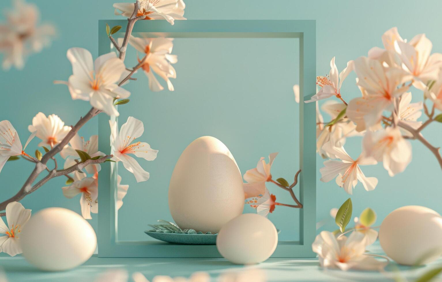 AI generated an egg with flowers decorates a square blue frame photo
