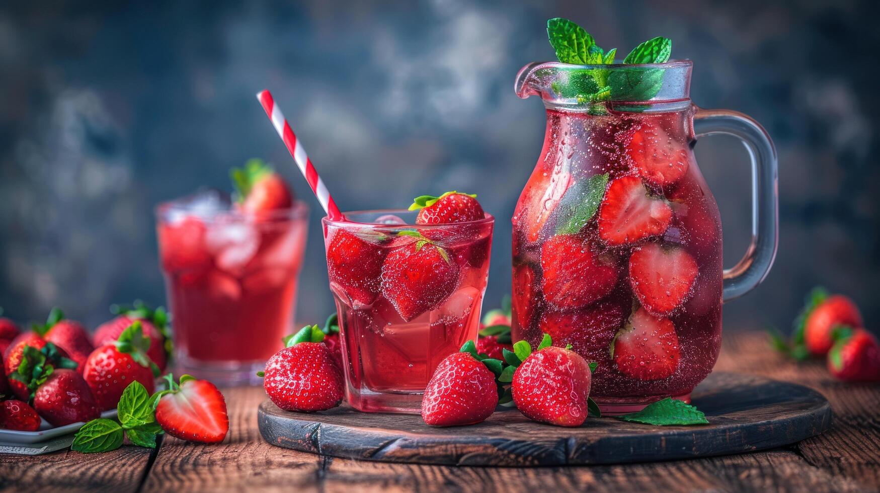 AI generated A cool summer beverage featuring strawberries served in a jug and glasses on a rustic wooden table photo