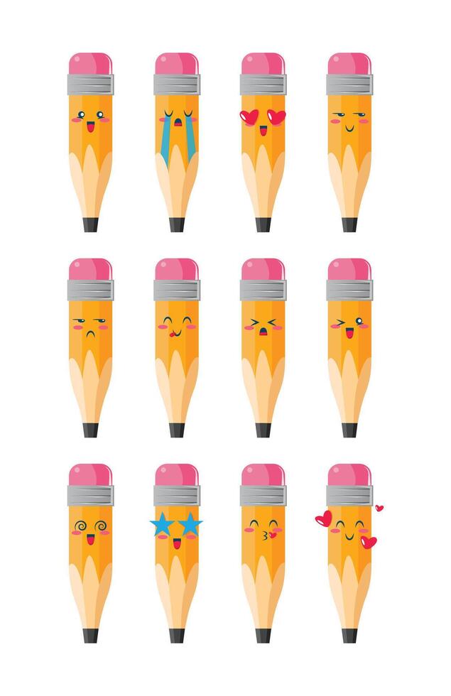 Set pencil icons emojis. Collection of emoticons in cartoon style isolated on white background, vector illustration