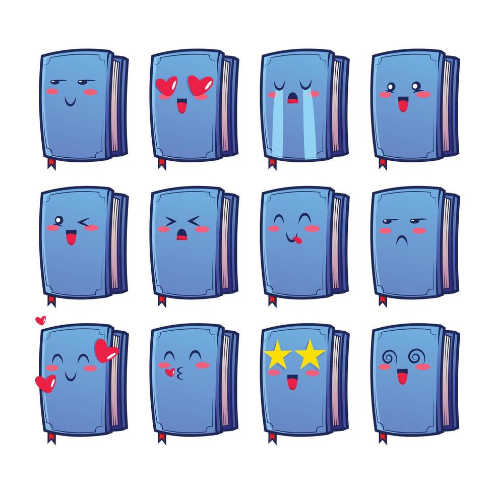 Set book icons emojis Collection of emoticons in cartoon style isolated on white background, vector illustration