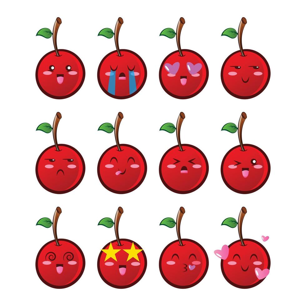 Set cherry icons emojis. Collection of emoticons in cartoon style isolated on white background, vector illustration