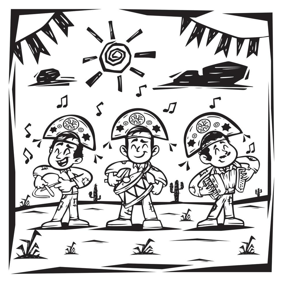 Festa Junina. June celebration Trio of traditional Brazilian musicians. Cordel style vector illustration