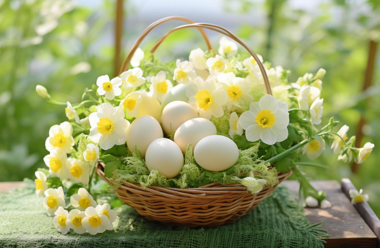 AI generated eggs and flowers in a basket photo