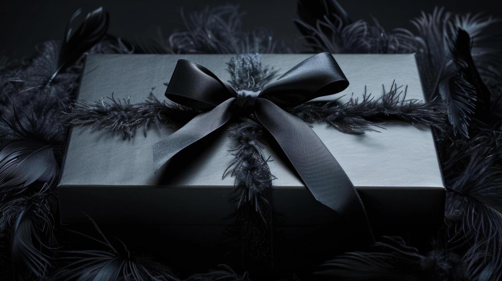 AI generated A black gift box set against a dark contrasting background, adorned with a textured bow and feathers photo