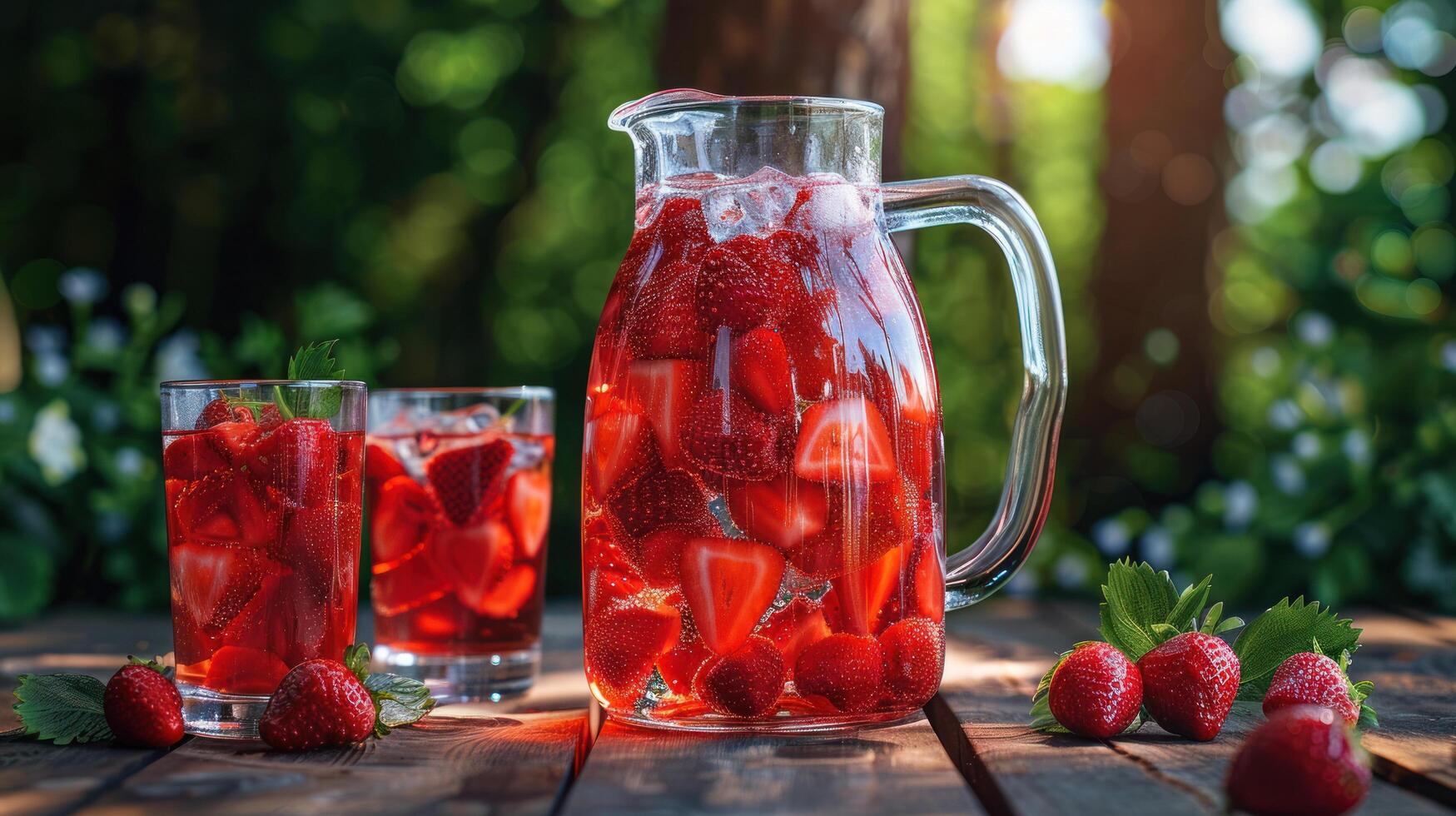 ai generado un frio verano bebida presentando fresas servido en un jarra y lentes en un rústico de madera mesa foto