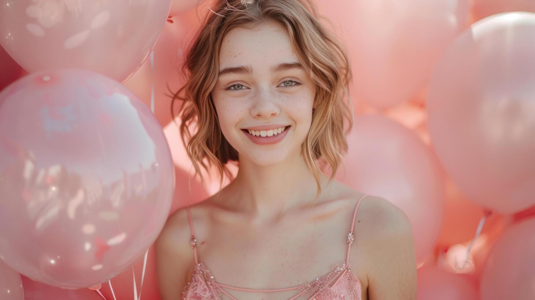 ai generado sonriente niña con pecas rodeado por rosado globos foto