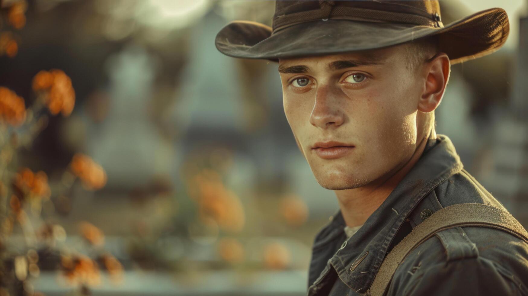 ai generado joven de soldado contemplativo mirada foto