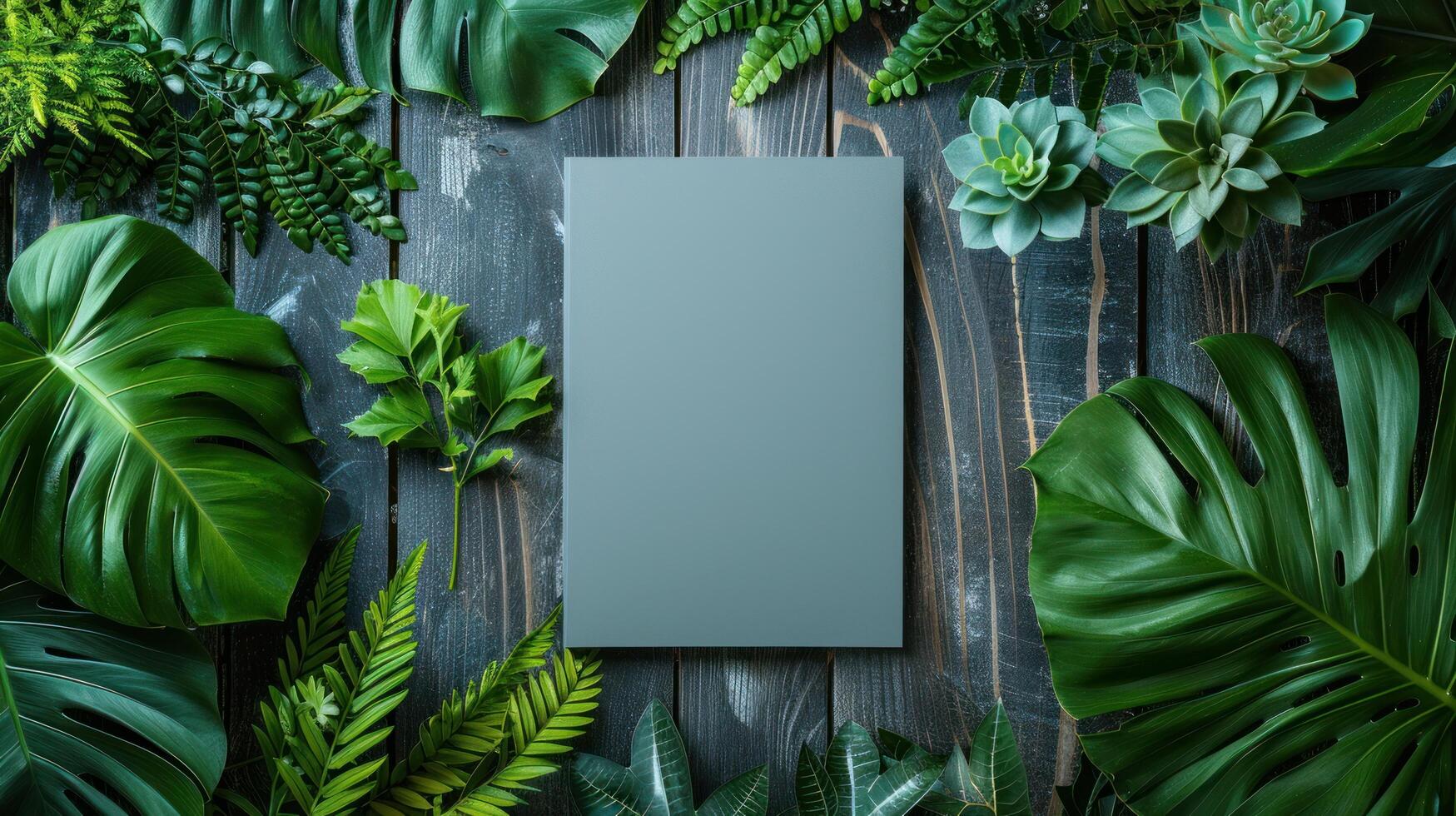 AI generated A vertical greeting card displayed on a table, encircled by lush plants photo