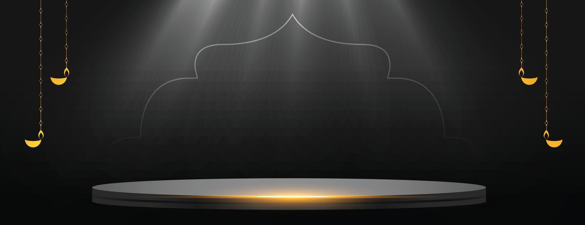 3d podium platform on dark black banner for diwali festival celebration vector