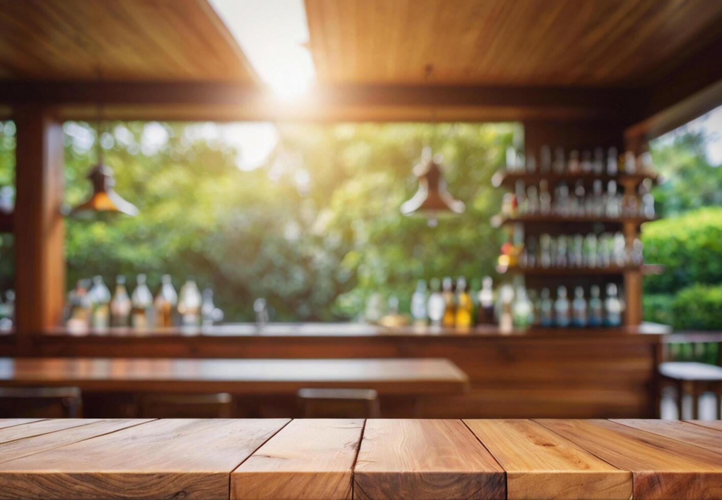 AI generated Wood table top on blur abstract green from garden in the morning background photo