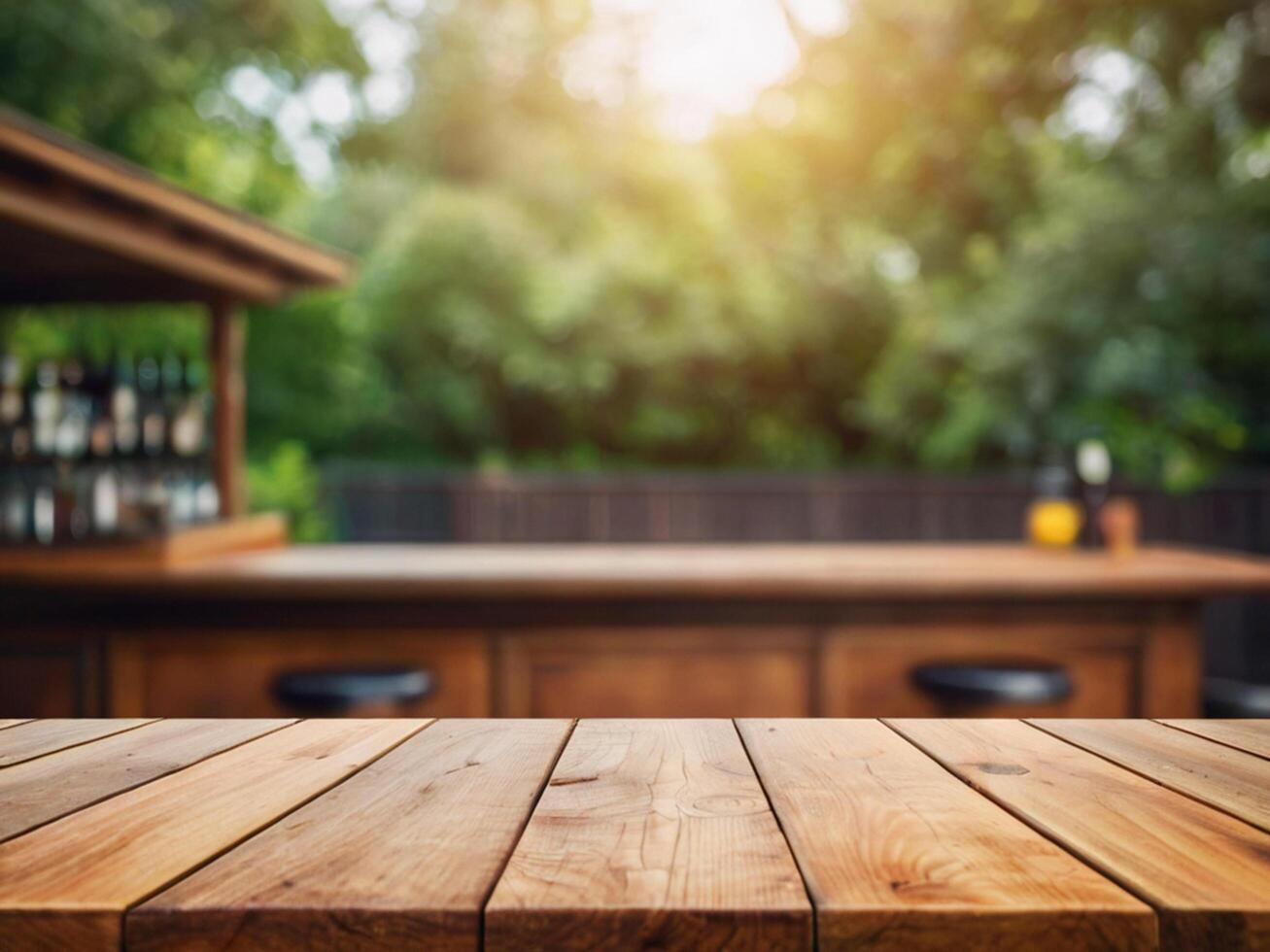 AI generated Wood table top on blur abstract green from garden in the morning background photo
