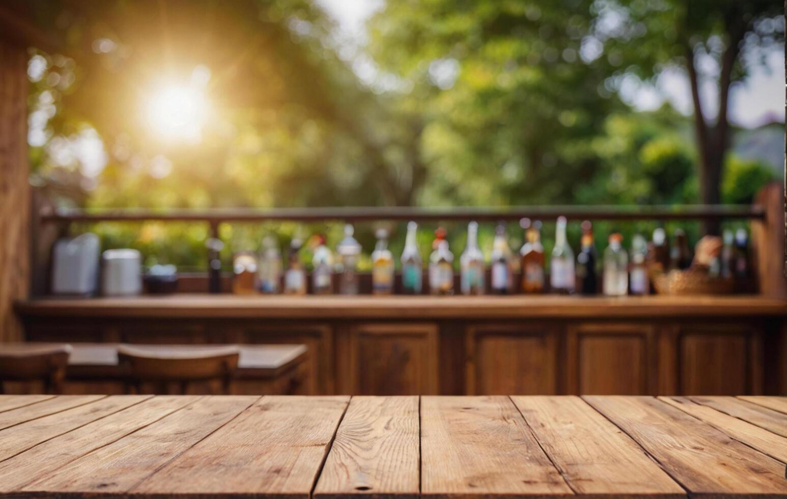 AI generated Wood table top on blur abstract green from garden in the morning background photo