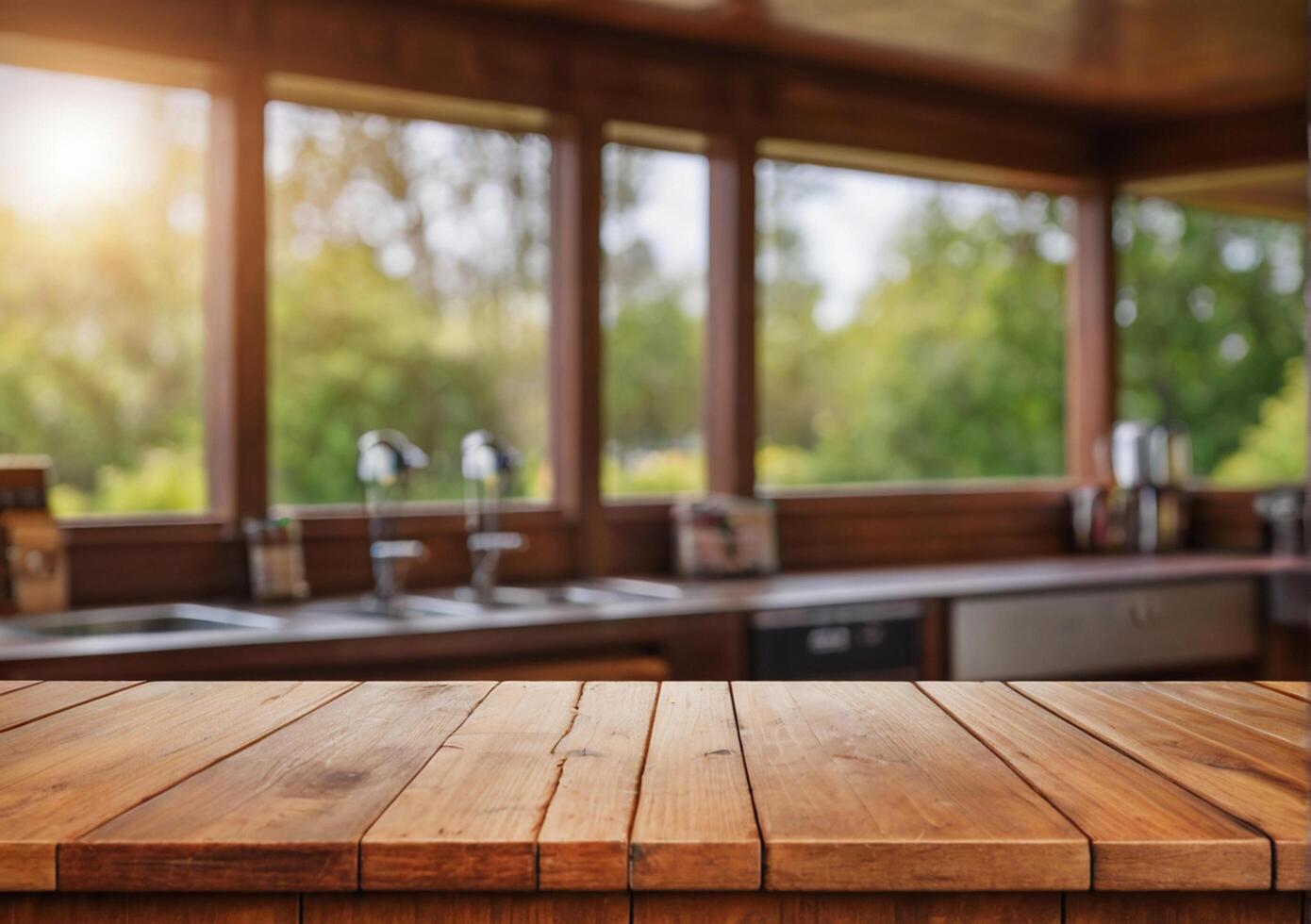 AI generated Wood table top on blur abstract green from garden in the morning background photo