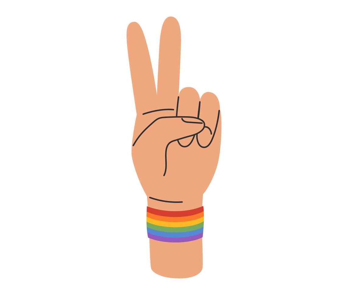 LGBT hand in peace with rainbow bracelet. LGBTQ pride community. Vector illustration in hand drawn style