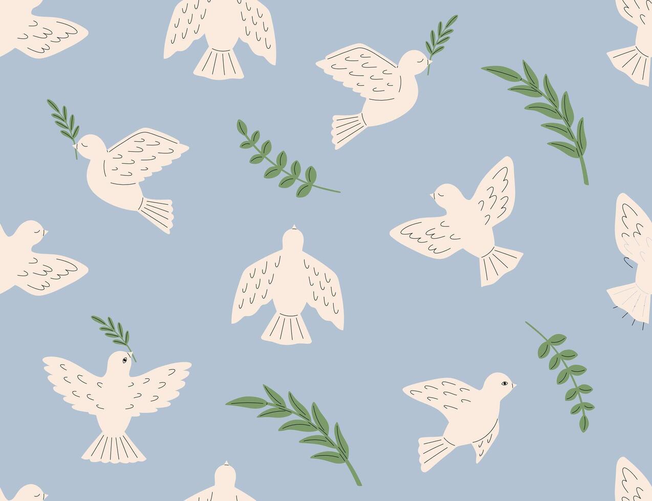 Dove of peace seamless pattern. International Day of Peace. Peace and love, freedom, no war concept. Pacifism symbol. Vector illustration in flat hand drawn style