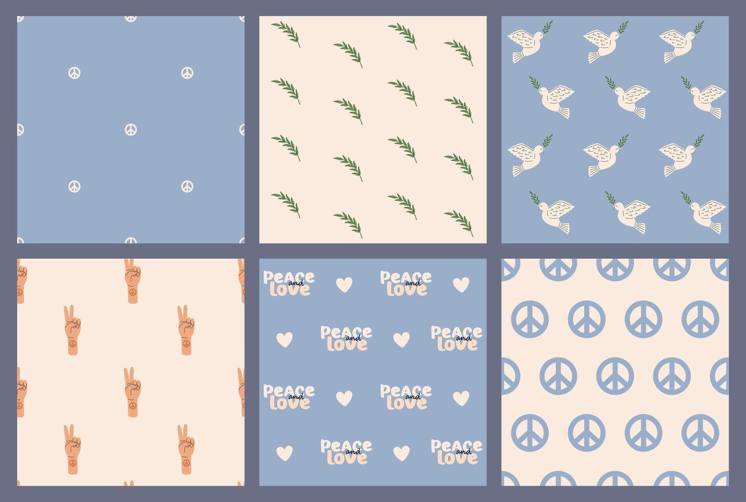 Seamless pattern set with Peace and love symbols, dove, olive. International Day of Peace. Freedom, No war concept. Pacifism and Hippie sign. Vector illustration in flat hand drawn style