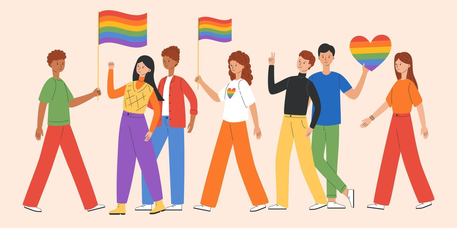 lgbt comunidad. diferente personas sostener arco iris banderas homosexuales, lesbianas, transexuales y bisexual celebrando lgbt orgullo mes. lgbtq orgullo. vector ilustración en plano estilo
