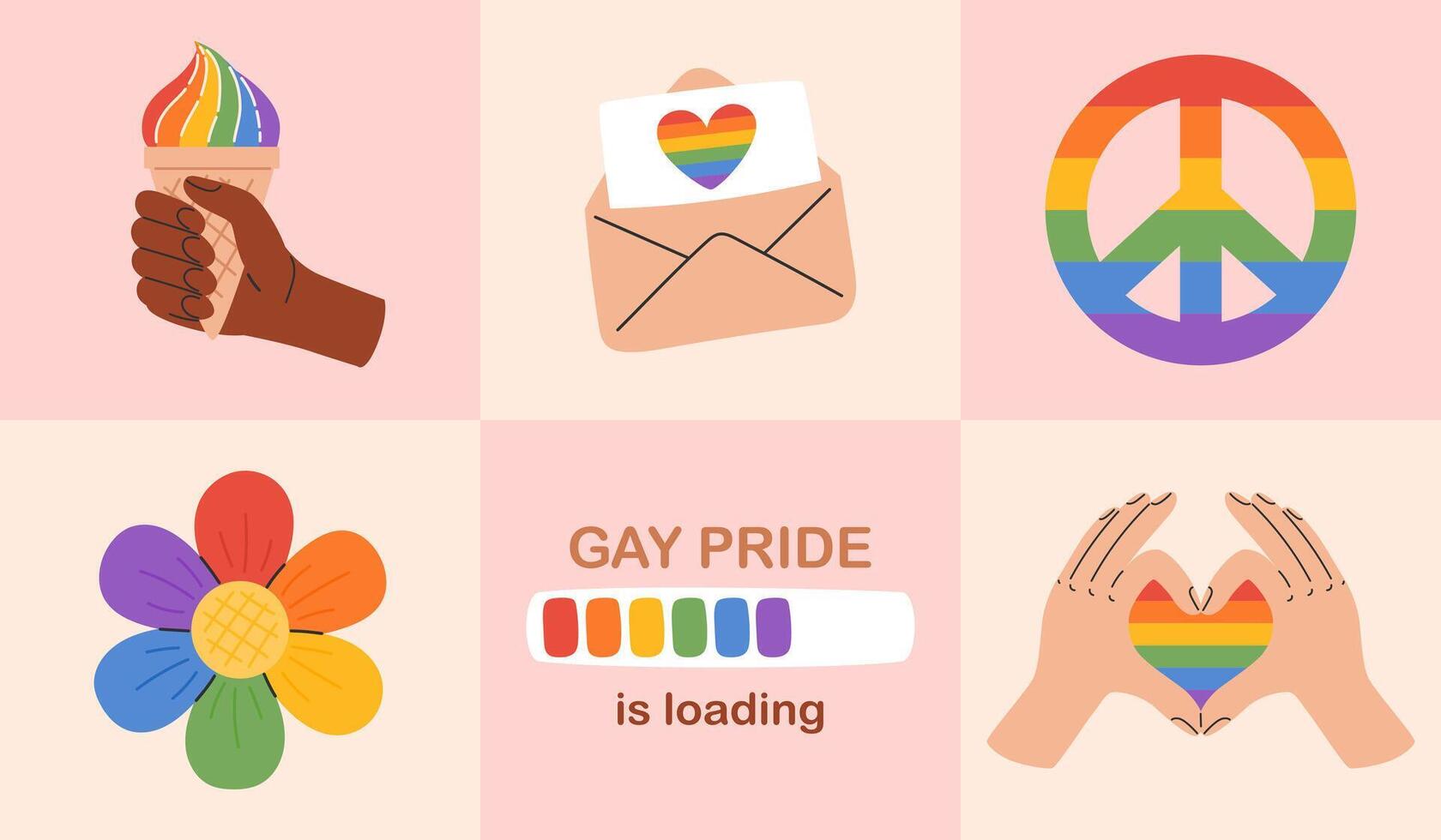 LGBT community banner. LGBTQ pride rainbow elements. Gay Pride is loading greeting card. Vector illustration in hand drawn style