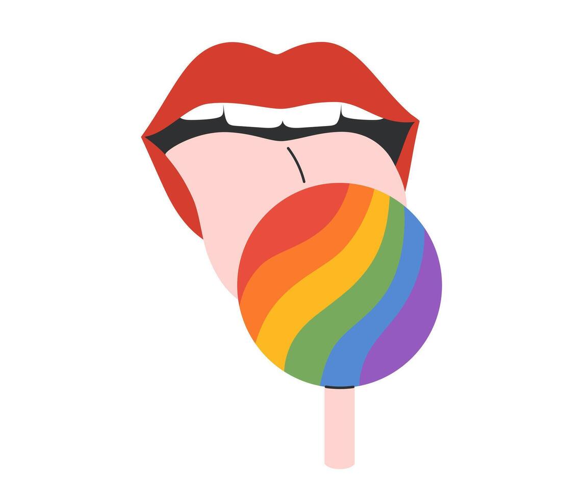 LGBT rainbow lollipop. Lips in red lipstick and mouth with teeth and tongue. LGBTQ pride community. Vector illustration in hand drawn style